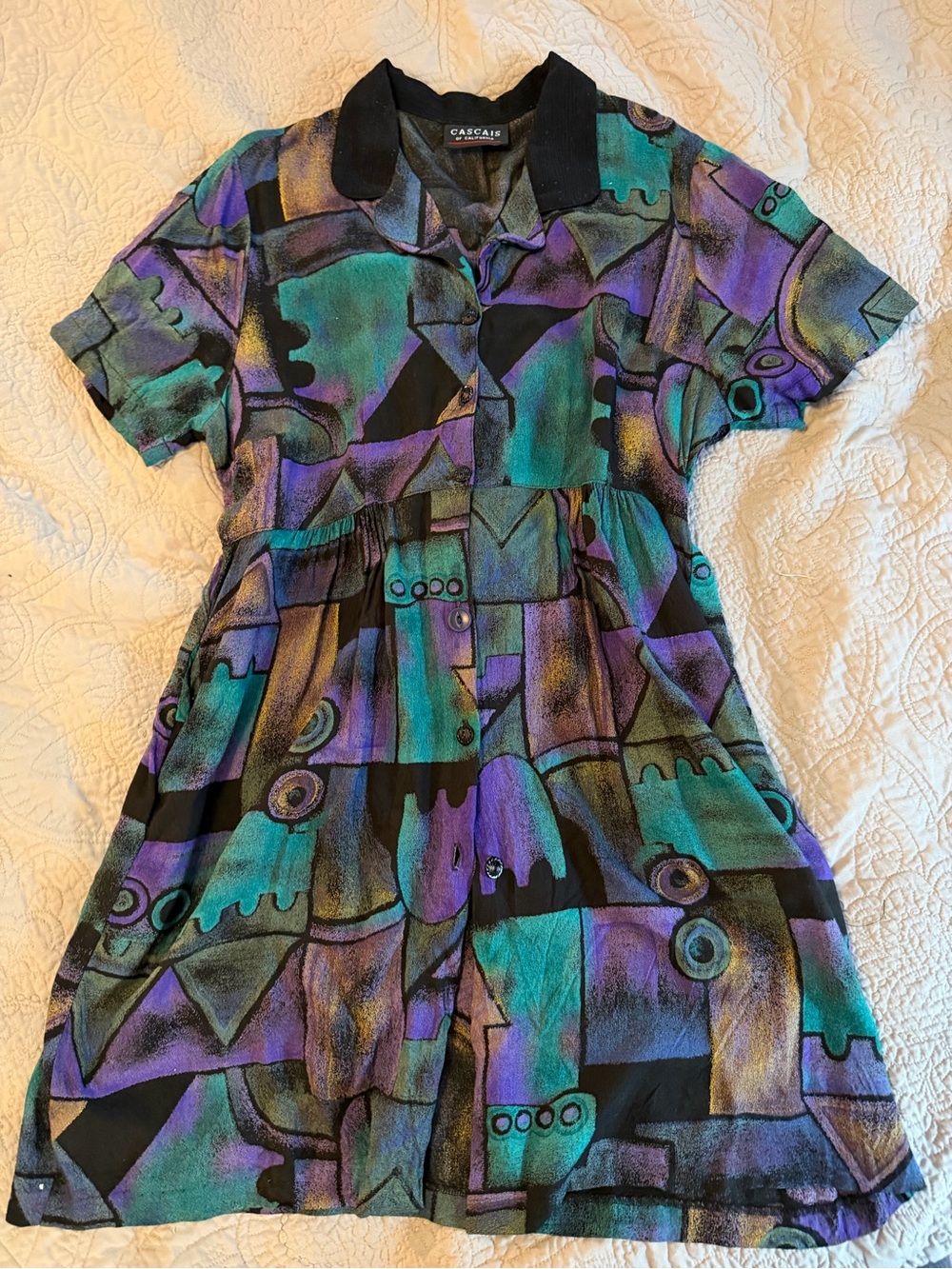 Superb 90s boxy fit babydolll Abstract Print Dress in black Teal & Purple
